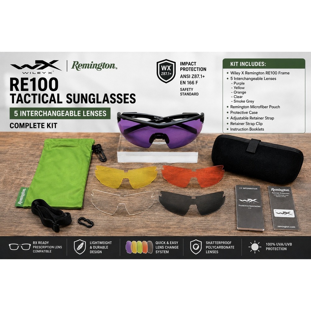 Wiley X Remington RE100 Tactical Sunglasses 5 Lens Interchangeable Kit Z87.1+